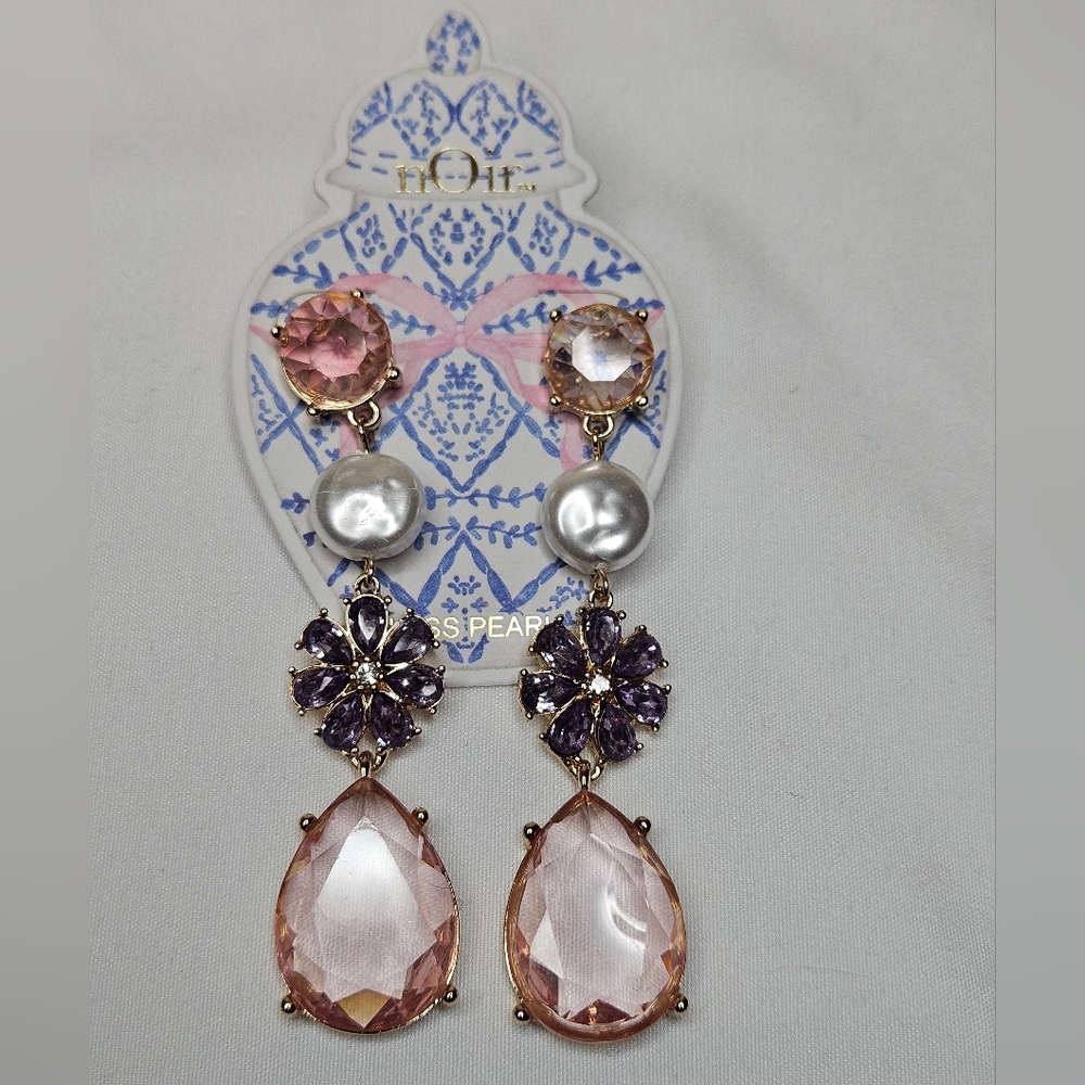 Noir Pink Crystal Faux Pearl Floral Statement Drop Earrings NEW